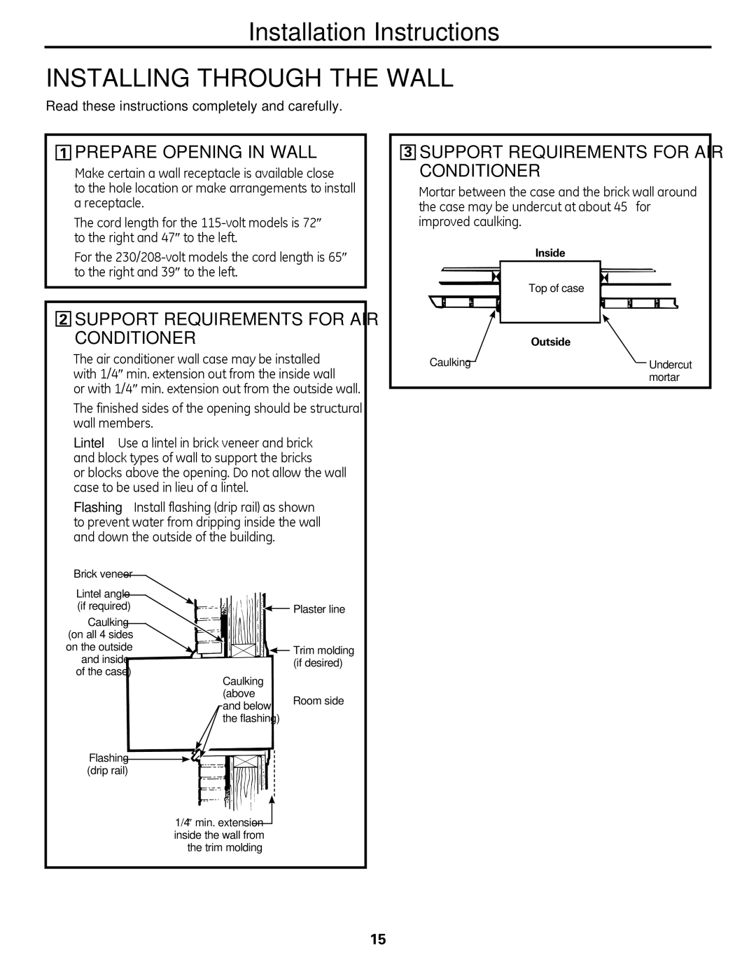 GE AJCM 08 ACD installation instructions Prepare Opening in Wall, Support Requirements for AIR Conditioner 