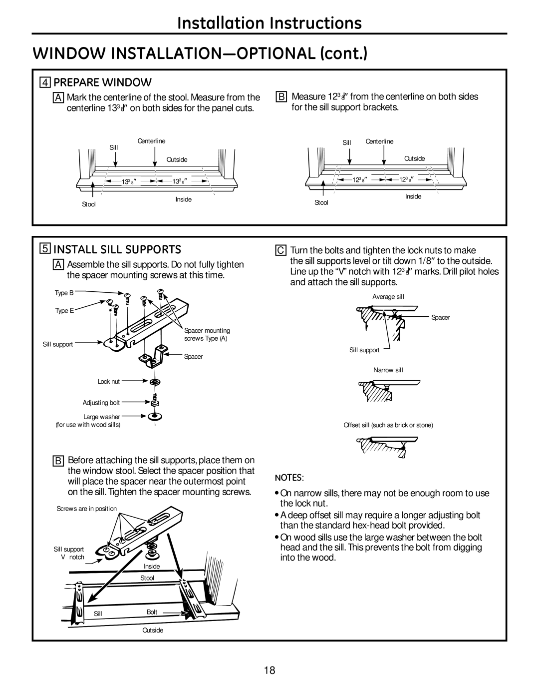 GE AJCM 08 ACD installation instructions Prepare Window, Install Sill Supports 