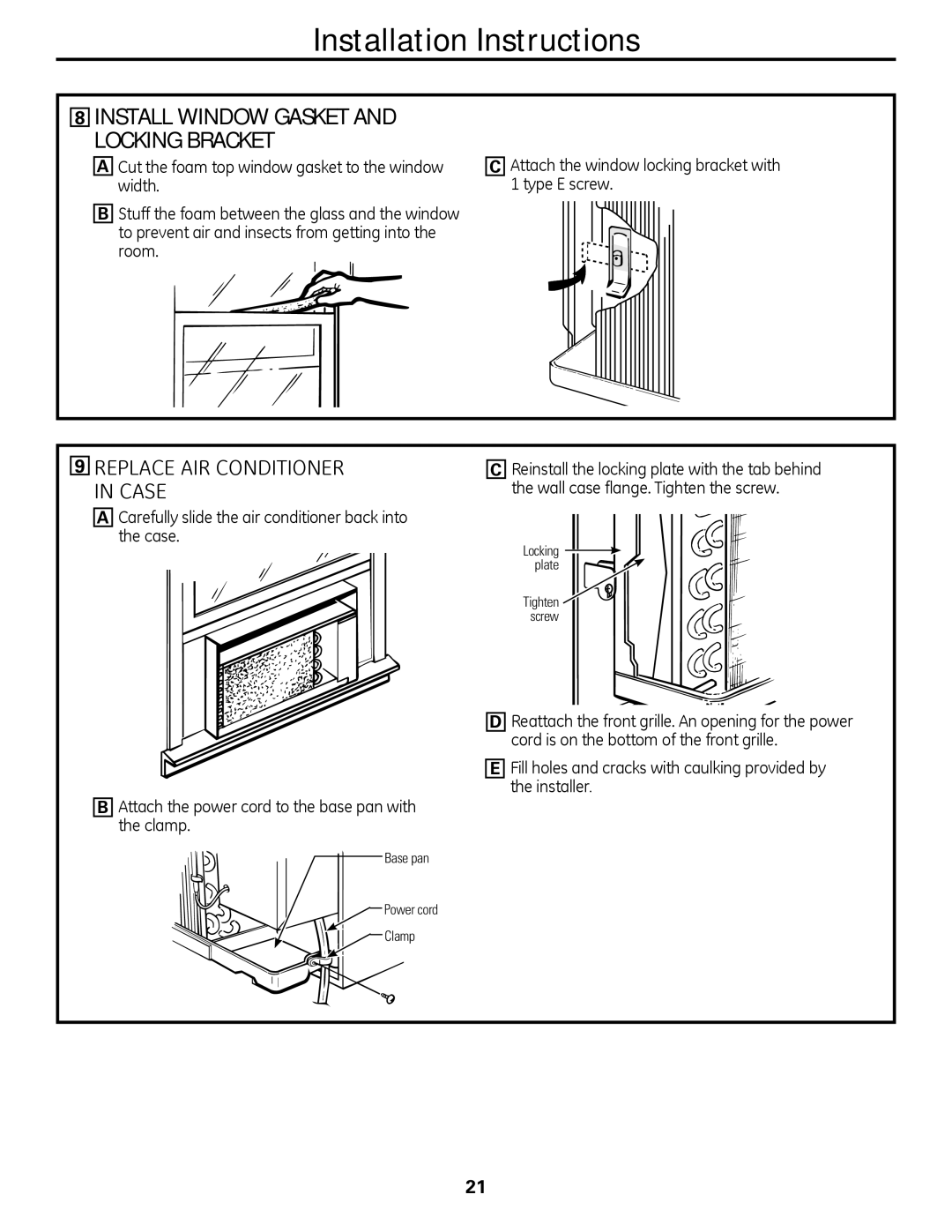 GE AJCM 08 ACD installation instructions Install Window Gasket and Locking Bracket, Replace AIR Conditioner in Case 