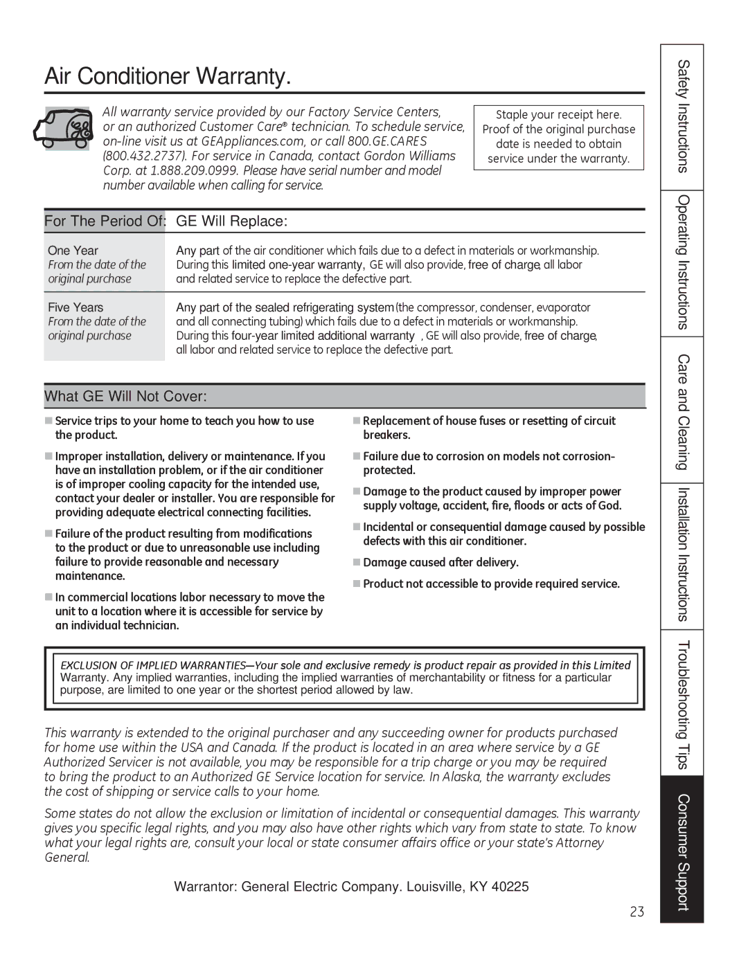 GE AJCM 08 ACD Air Conditioner Warranty, GE Will Replace, What GE Will Not Cover, Cleaning Installation Instructions 