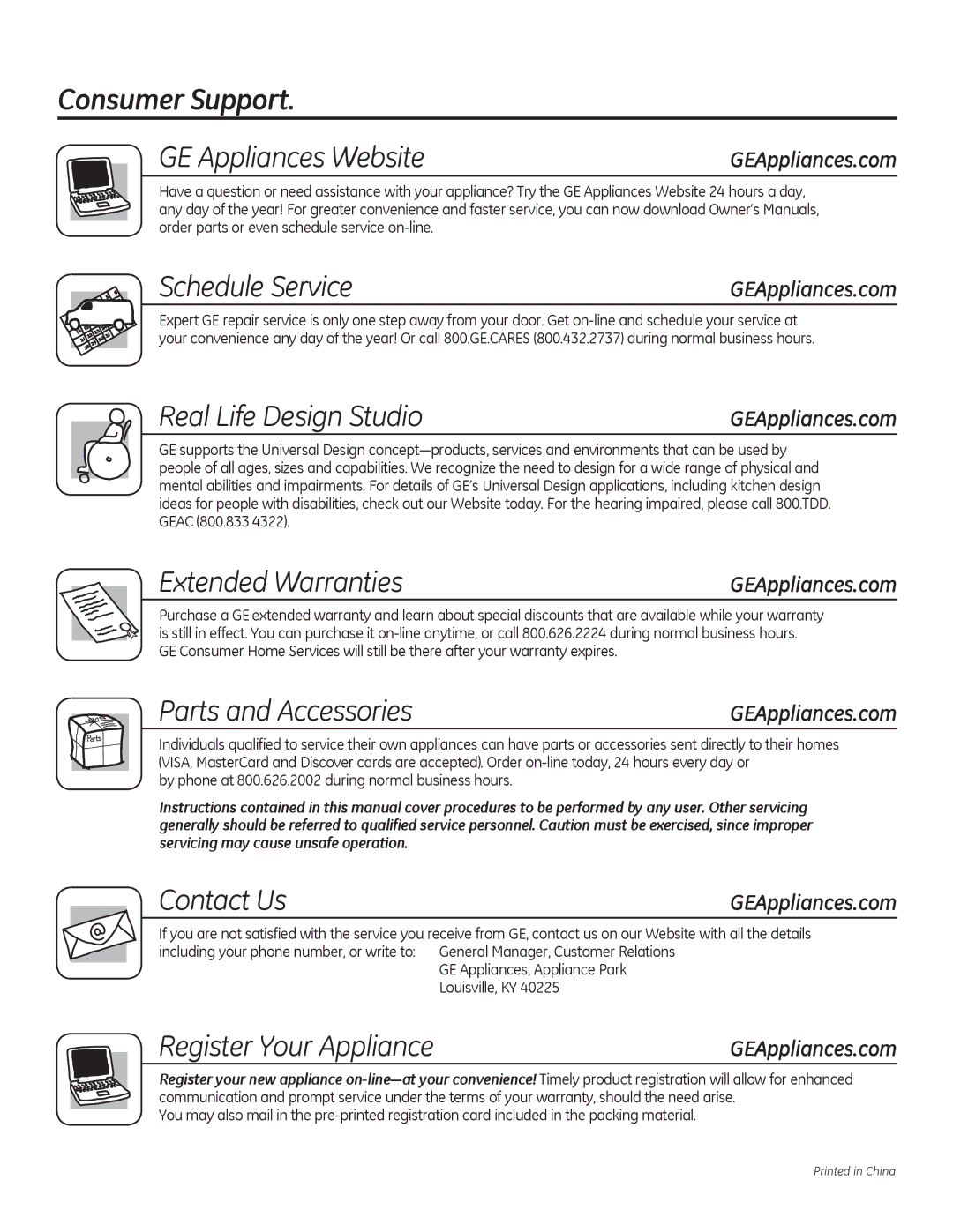 GE AJCM 08 ACD Consumer Support GE Appliances Website, Schedule Service, Real Life Design Studio, Extended Warranties 