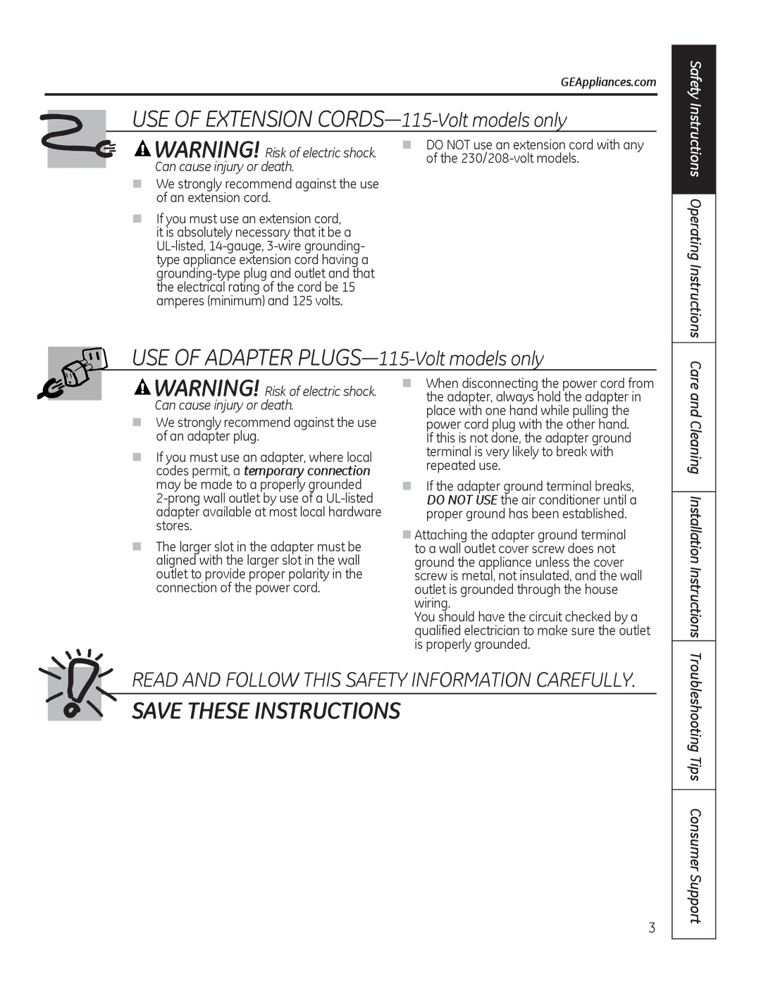 GE AJCM 08 ACD installation instructions We strongly recommend against the use of an extension cord, GEAppliances.com 