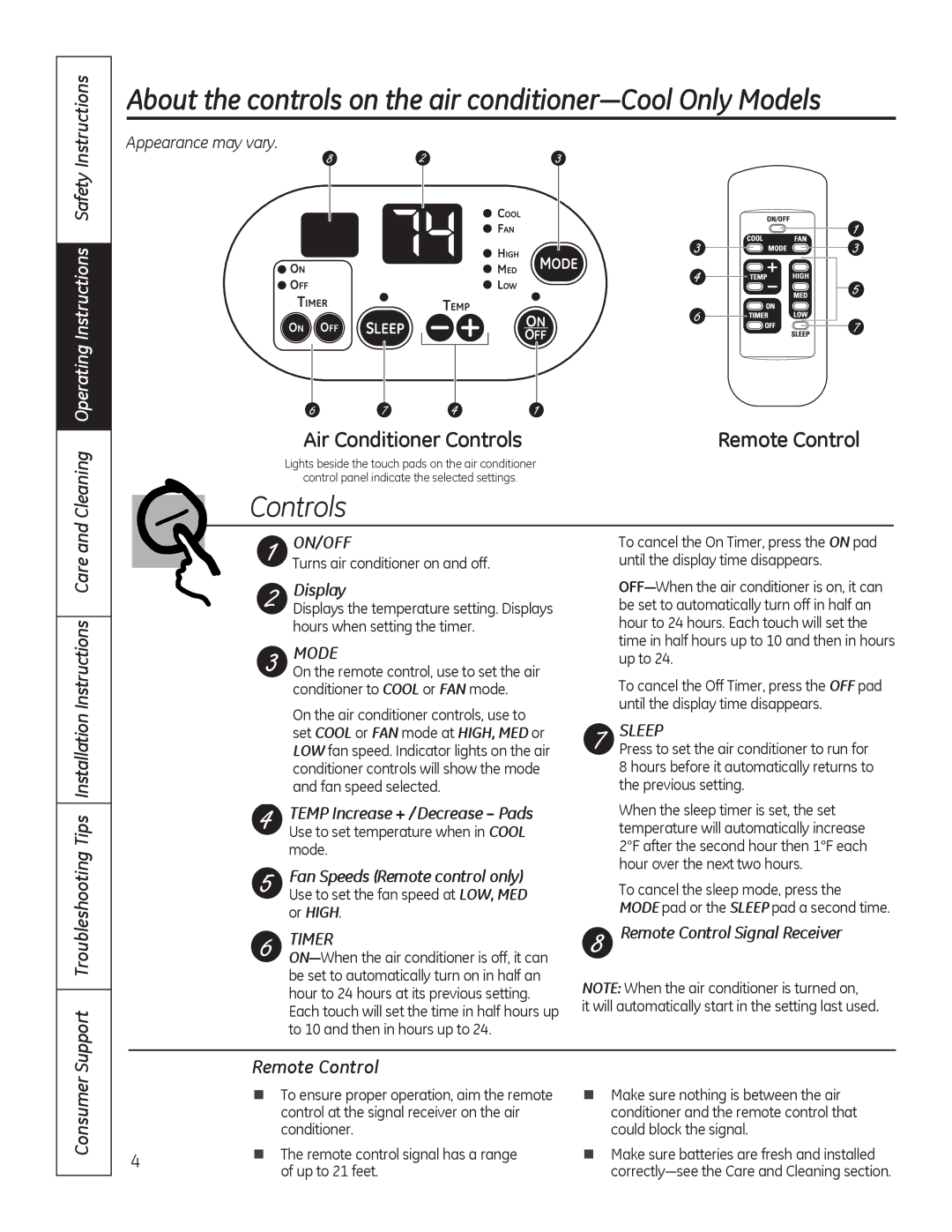 GE AJCM 08 ACD About the controls on the air conditioner-Cool Only Models, Consumer Remote Control 