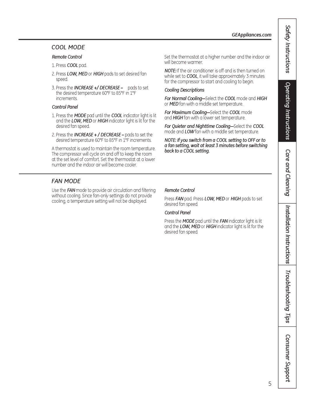 GE AJCM 08 ACD installation instructions Safety, Remote Control, Cooling Descriptions 