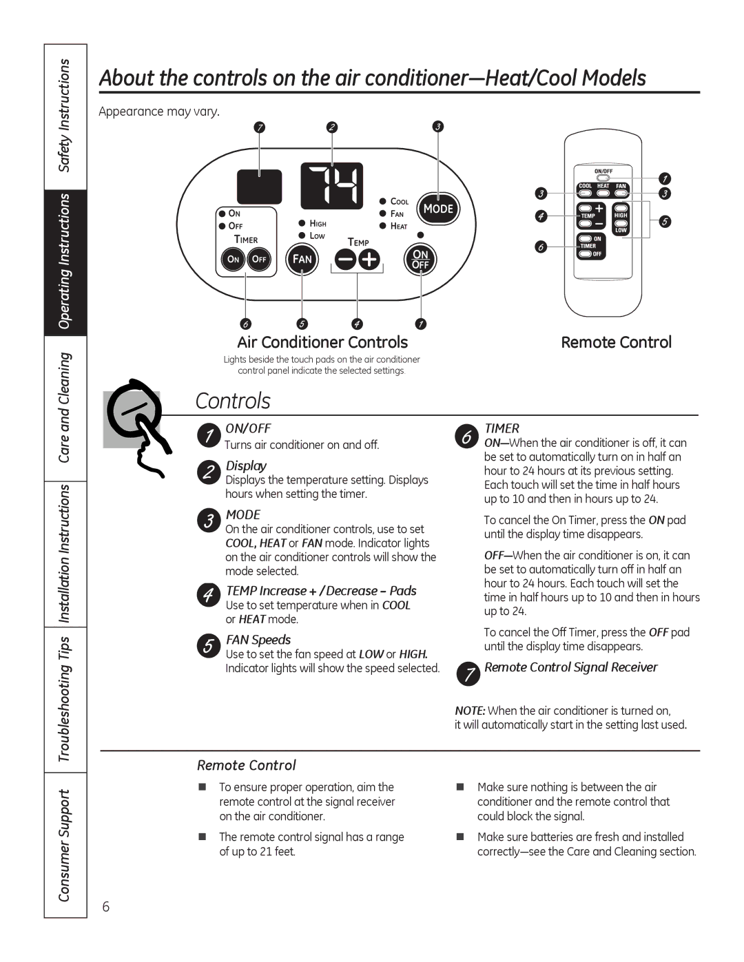 GE AJCM 08 ACD About the controls on the air conditioner-Heat/Cool Models, Consumer Support Remote Control, FAN Speeds 