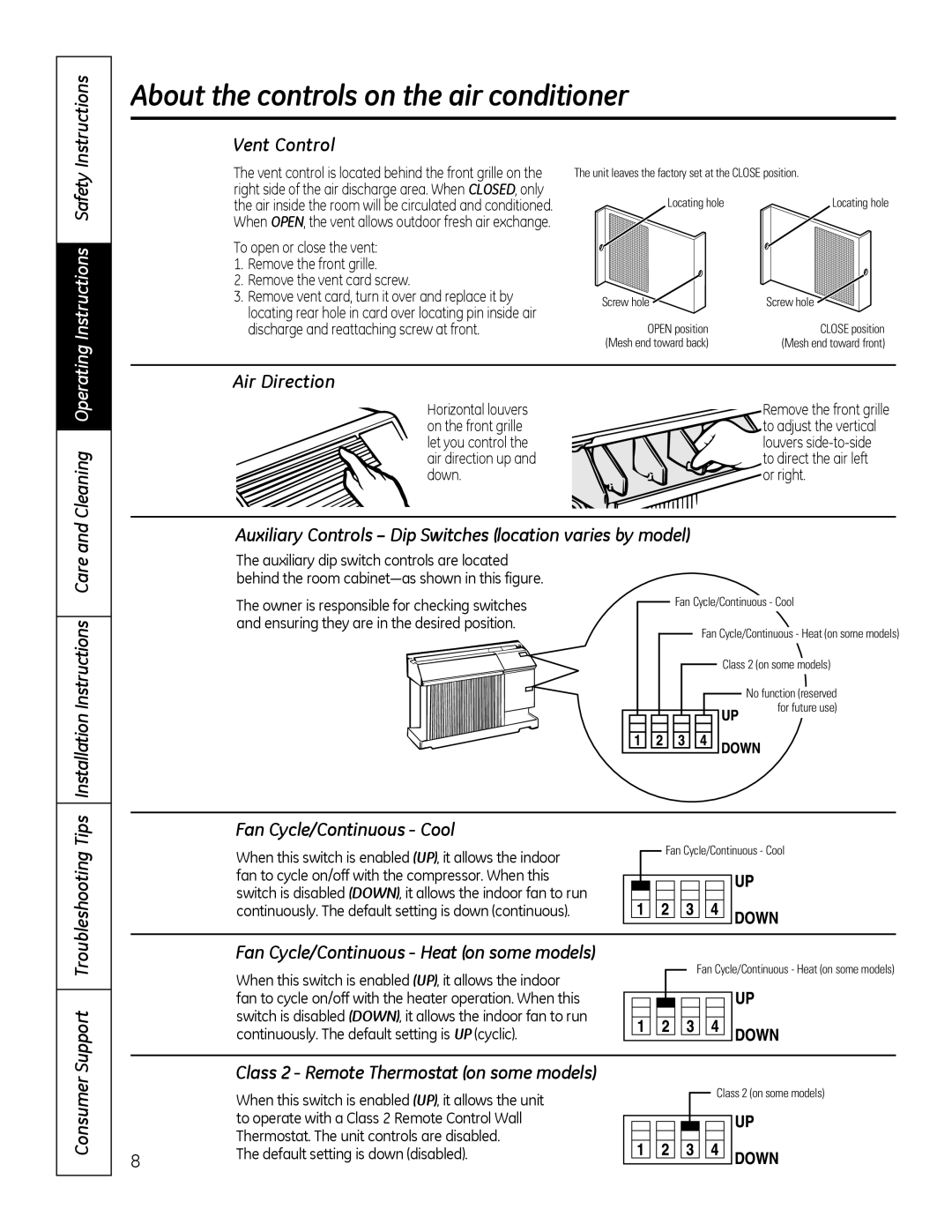 GE AJCM 08 ACD installation instructions About the controls on the air conditioner 