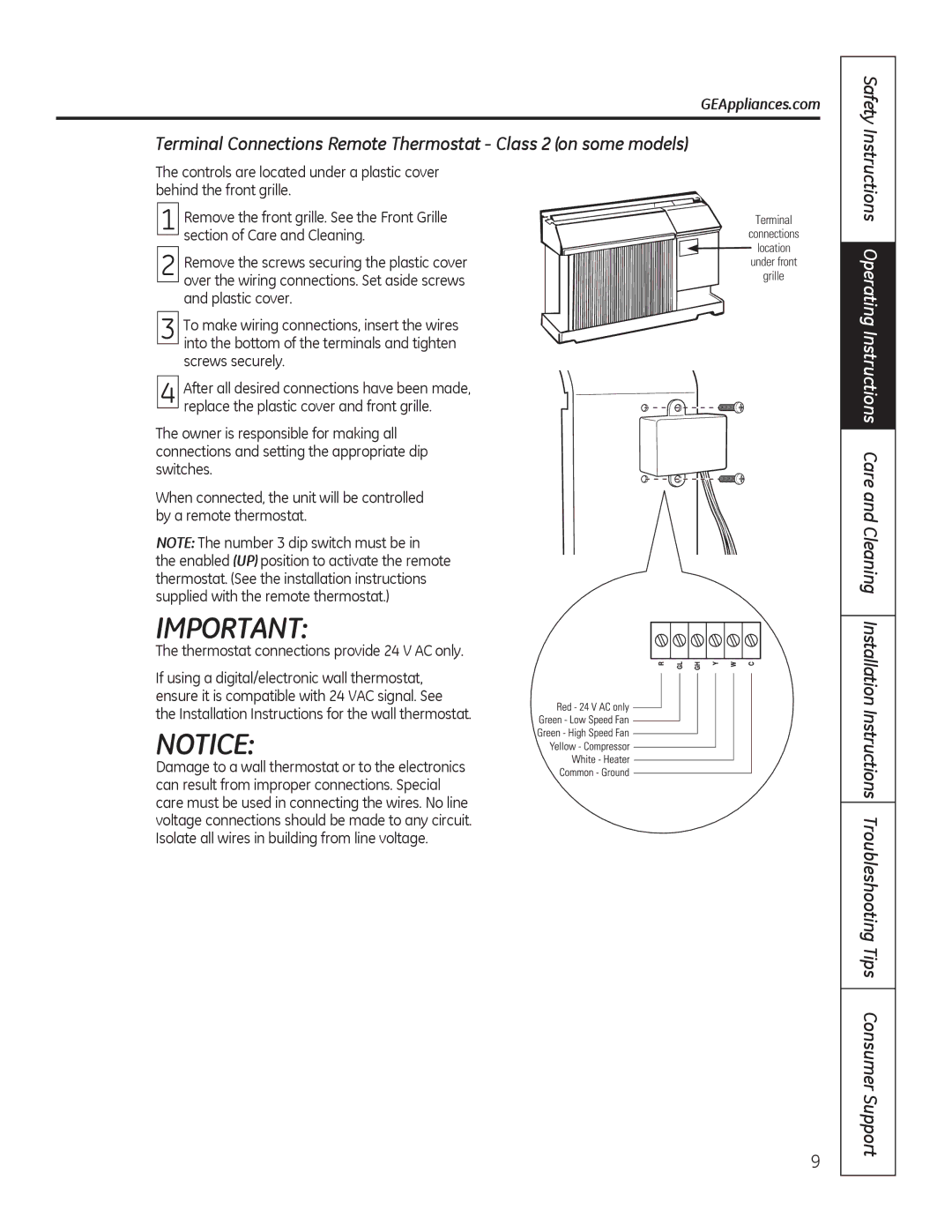 GE AJCM 08 ACD installation instructions Thermostat connections provide 24 V AC only 