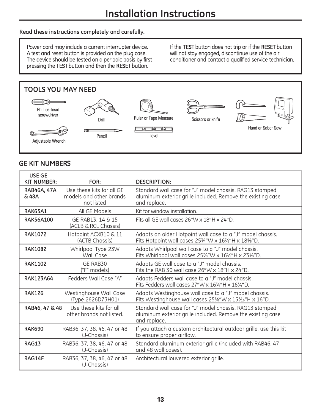 GE AJCM 08 ACD installation instructions Installation Instructions, Tools You May Need, Ge Kit Numbers 