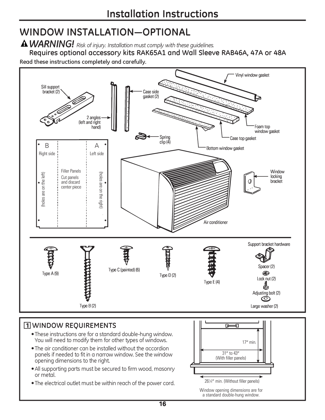 GE AJCM 08 ACD installation instructions Window Installation-Optional, Window Requirements, Installation Instructions 