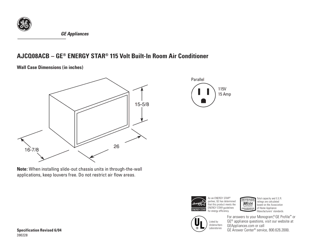 GE AJCQ08ACB dimensions 15-5/8 16-7/8, Specification Revised 6/04 