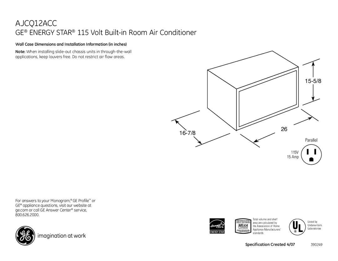 GE AJCQ12ACC dimensions 16-7/8 15-5/8, Wall Case Dimensions and Installation Information in inches 