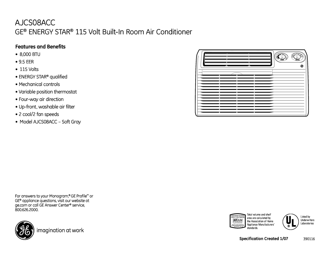 GE AJCS08ACC dimensions Features and Benefits 