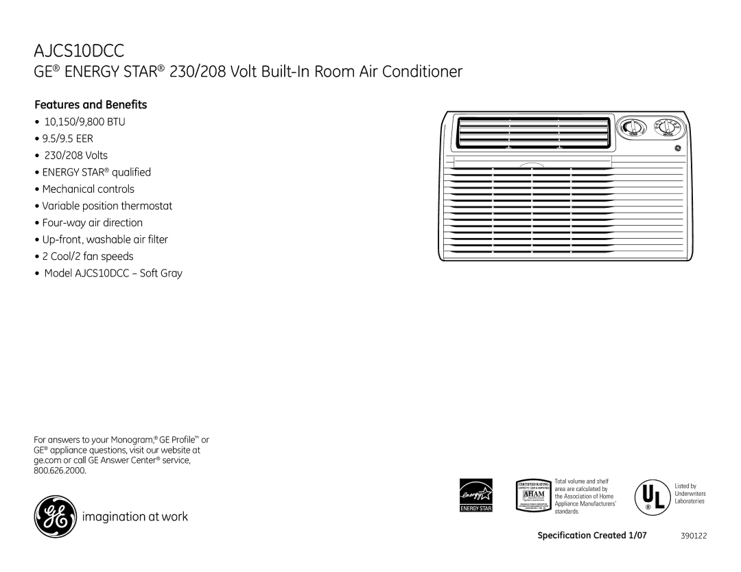 GE AJCS10DCC dimensions Features and Benefits 