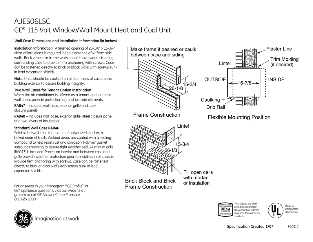 GE AJES06LSC Frame Construction Flexible Mounting Position, Brick Block and Brick or insulation Frame Construction, Inside 