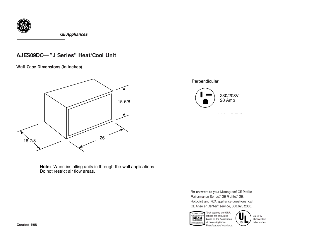 GE dimensions AJES09DC-J Series Heat/Cool Unit, Wall Case Dimensions in inches, Created 1/98 