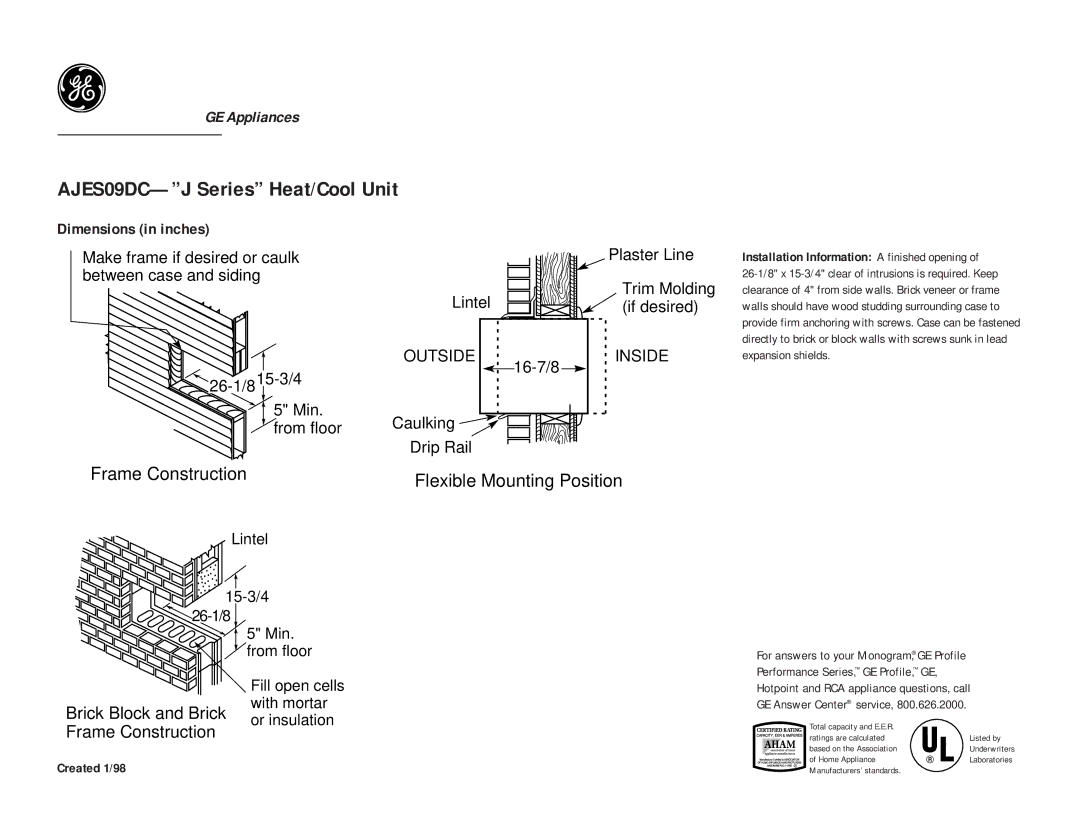 GE AJES09DC dimensions Frame Construction Flexible Mounting Position, Dimensions in inches 