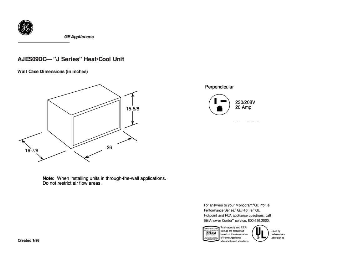 GE dimensions AJES09DC-”JSeries” Heat/Cool Unit, GE Appliances, Wall Case Dimensions in inches, Perpendicular, 16-7/8 