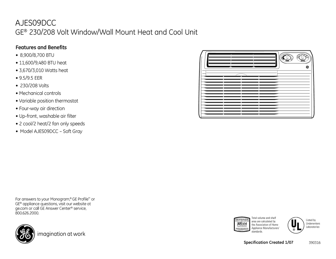 GE AJES09DCC dimensions Features and Benefits 