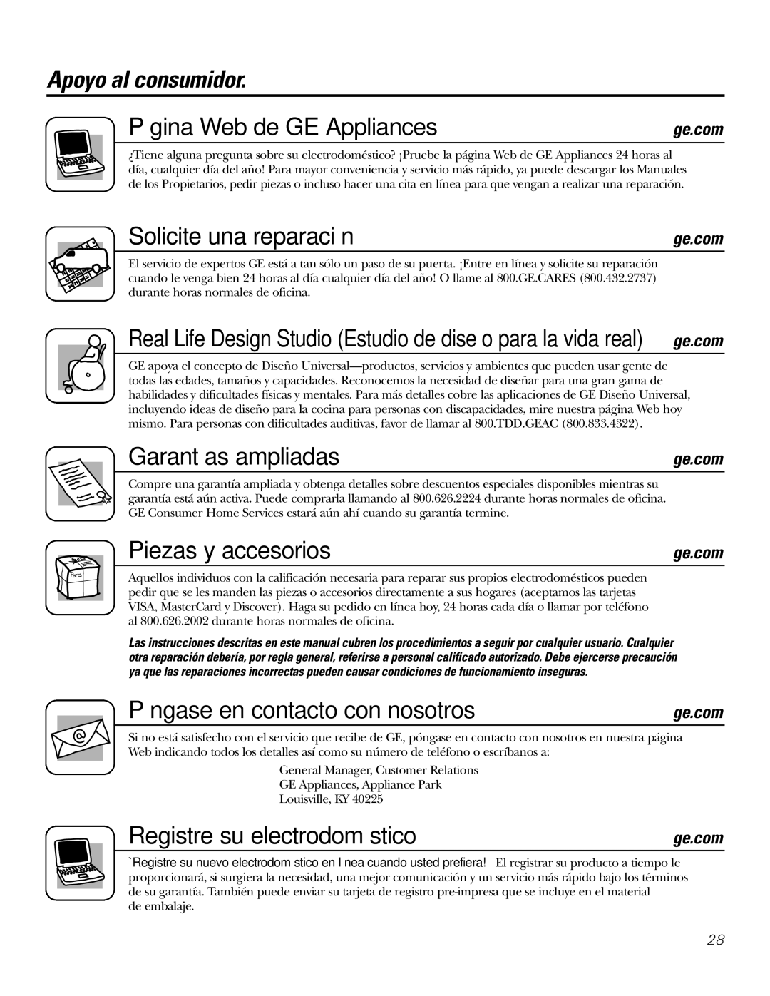 GE AJES 12, AJHS 08, AJHS 10 Apoyo al consumidor Página Web de GE Appliances, Solicite una reparación, Garantías ampliadas 