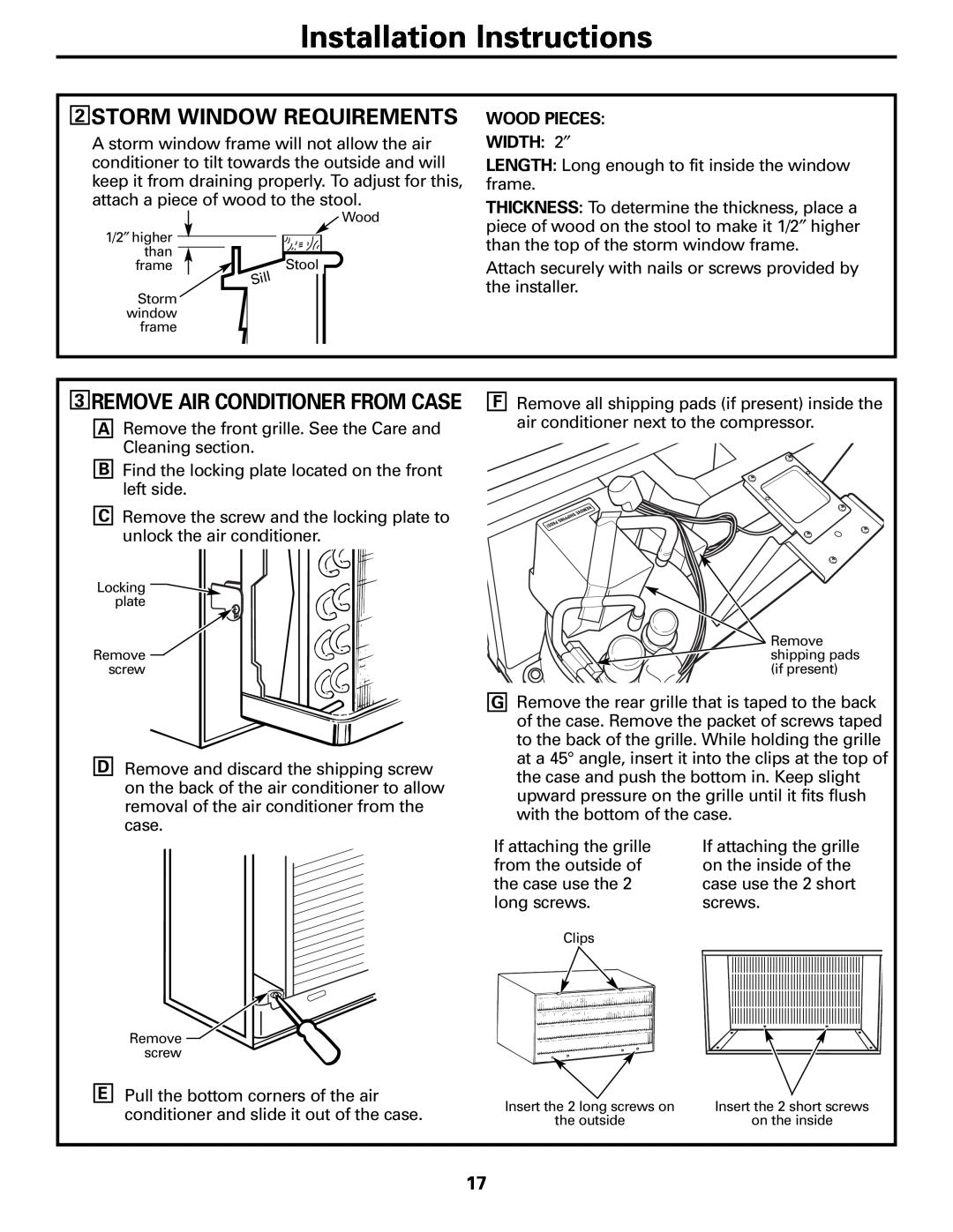 GE AJCH 10, AJHS 08, AJHS 10 Installation Instructions, 2STORM WINDOW REQUIREMENTS, 3REMOVE AIR CONDITIONER FROM CASE 