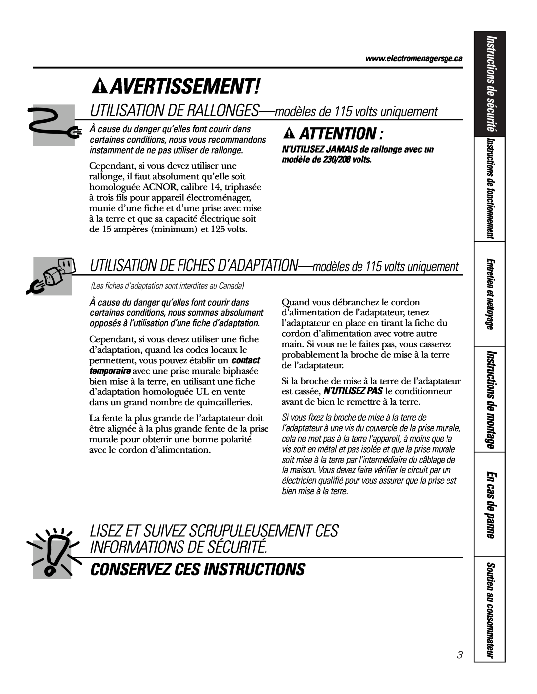 GE AJCS 06 Avertissement, Lisez Et Suivez Scrupuleusement Ces, Informations De Sécurité, Conservez Ces Instructions 