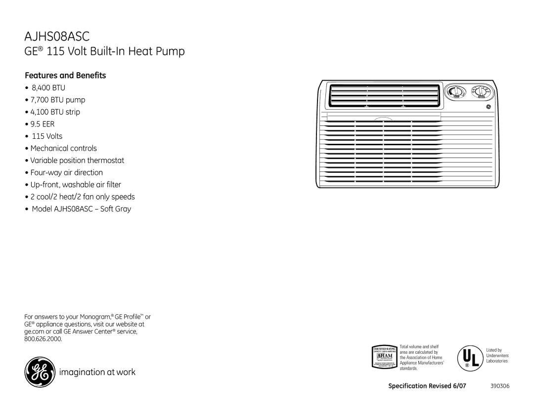 GE AJHS08ASC dimensions Features and Benefits 