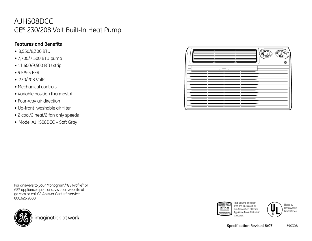 GE AJHS08DCC dimensions Features and Benefits 