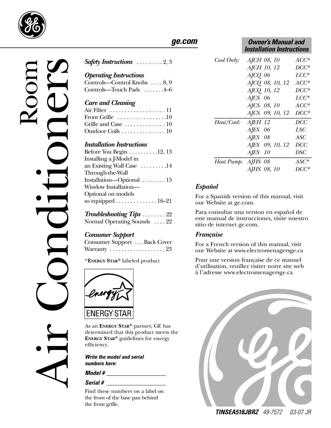 GE AJHS10DCC installation instructions Write the model and serial numbers here, Serial # 