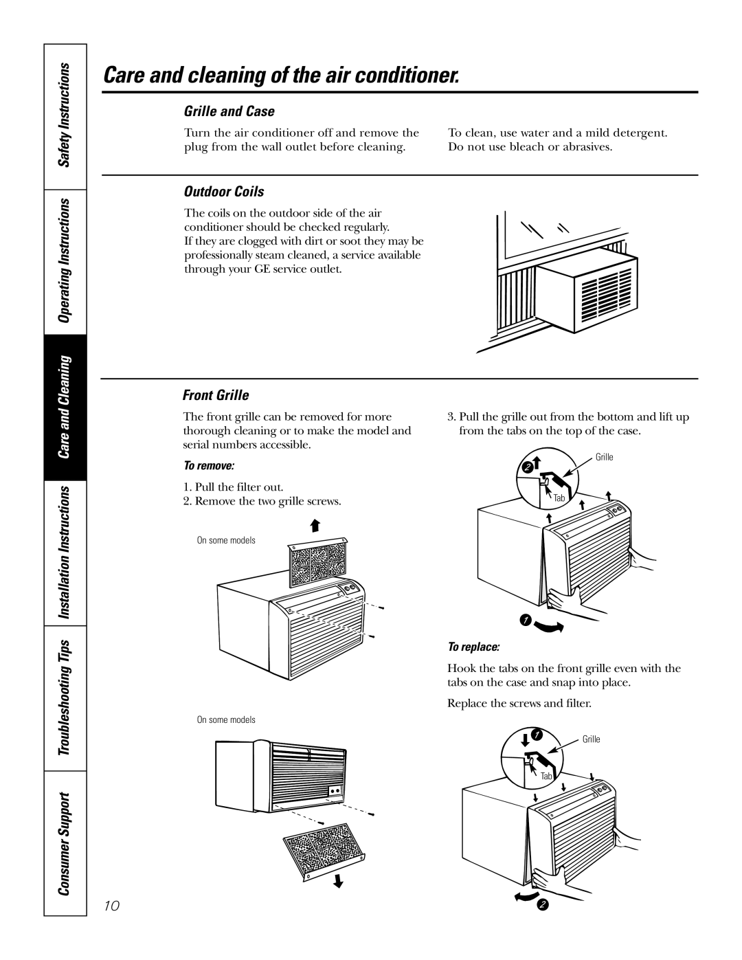 GE AJHS10DCC Care and cleaning of the air conditioner, Cleaning Operating Instructions Safety Instructions, Outdoor Coils 