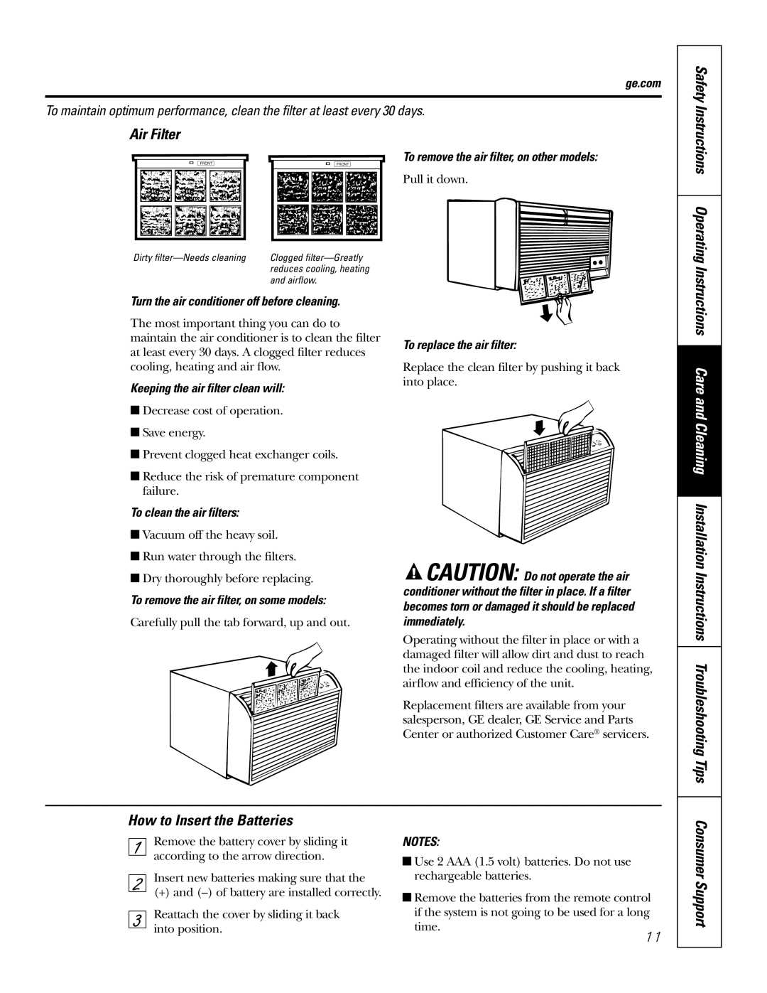 GE AJHS10DCC installation instructions Air Filter, How to Insert the Batteries 