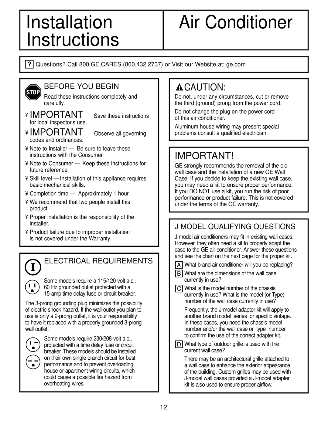 GE AJHS10DCC installation instructions Before YOU Begin, Electrical Requirements, Model Qualifying Questions 