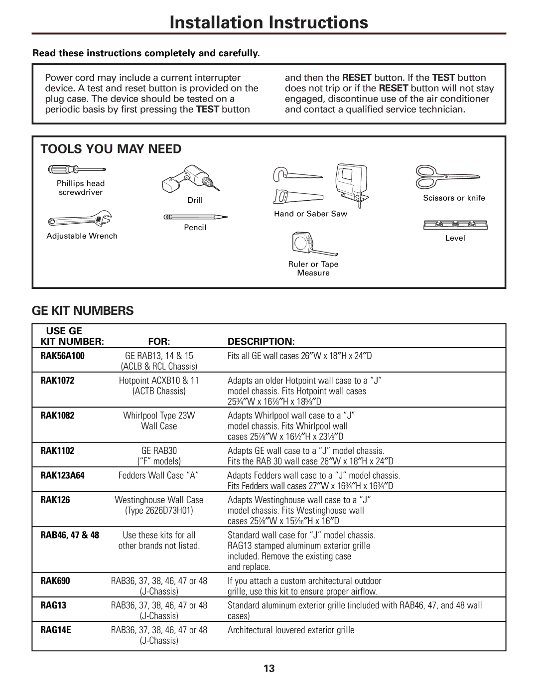 GE AJHS10DCC installation instructions Tools YOU MAY Need, GE KIT Numbers 