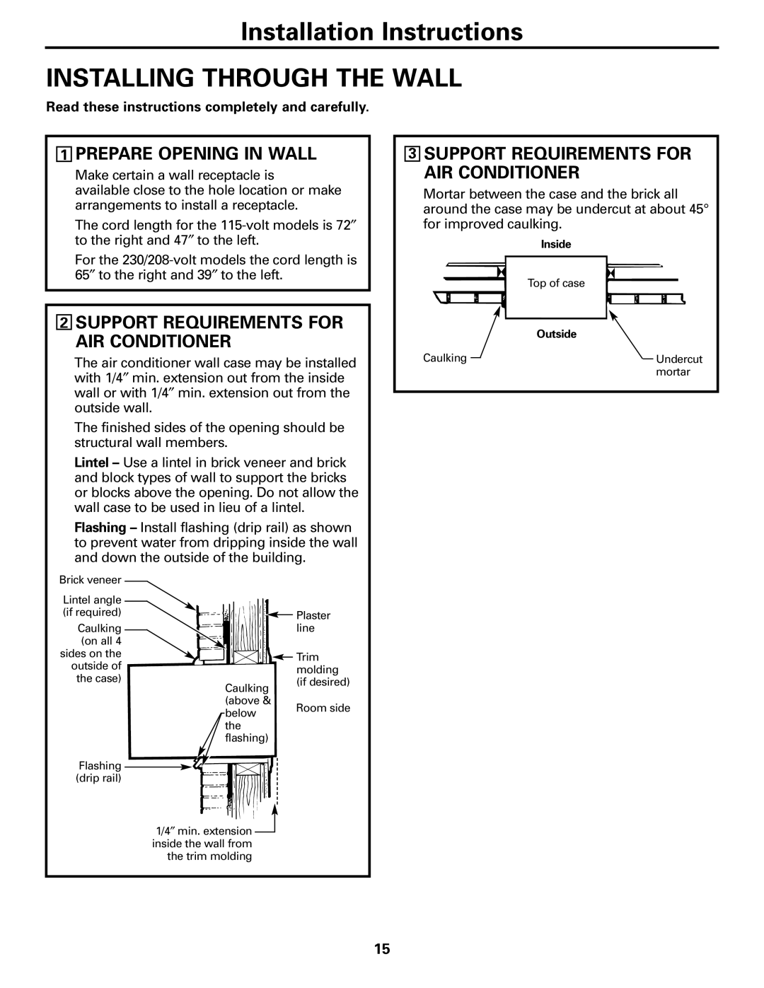 GE AJHS10DCC Installing Through the Wall, Prepare Opening in Wall, Support Requirements for AIR Conditioner 