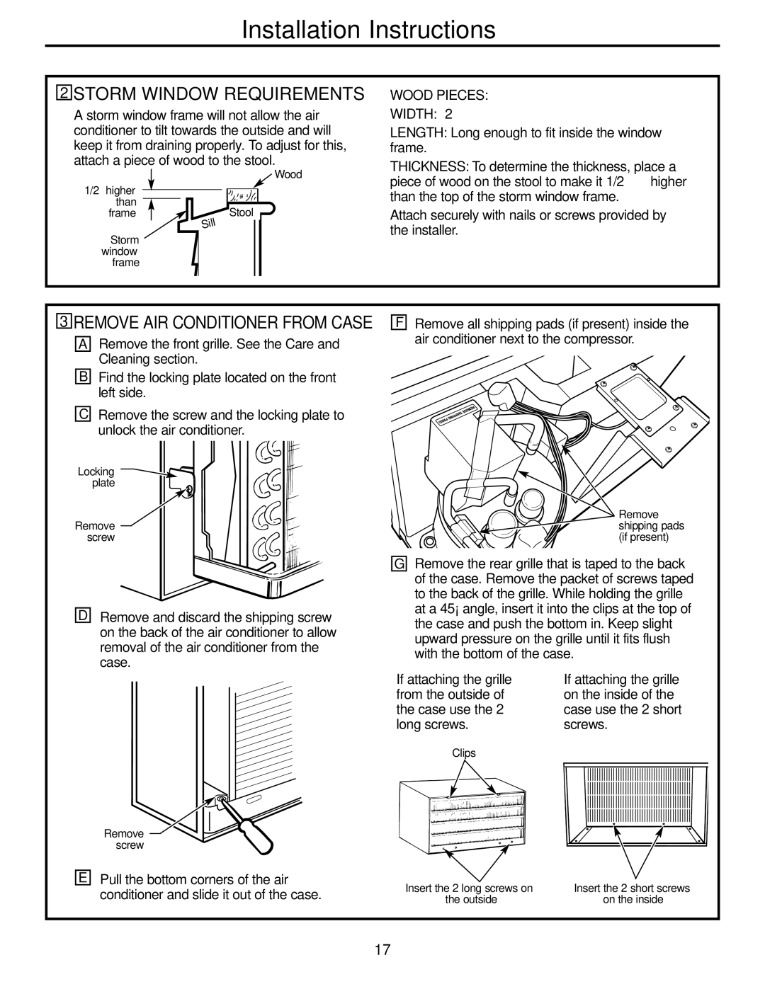 GE AJHS10DCC installation instructions Storm Window Requirements, Wood Pieces Width 2″ 