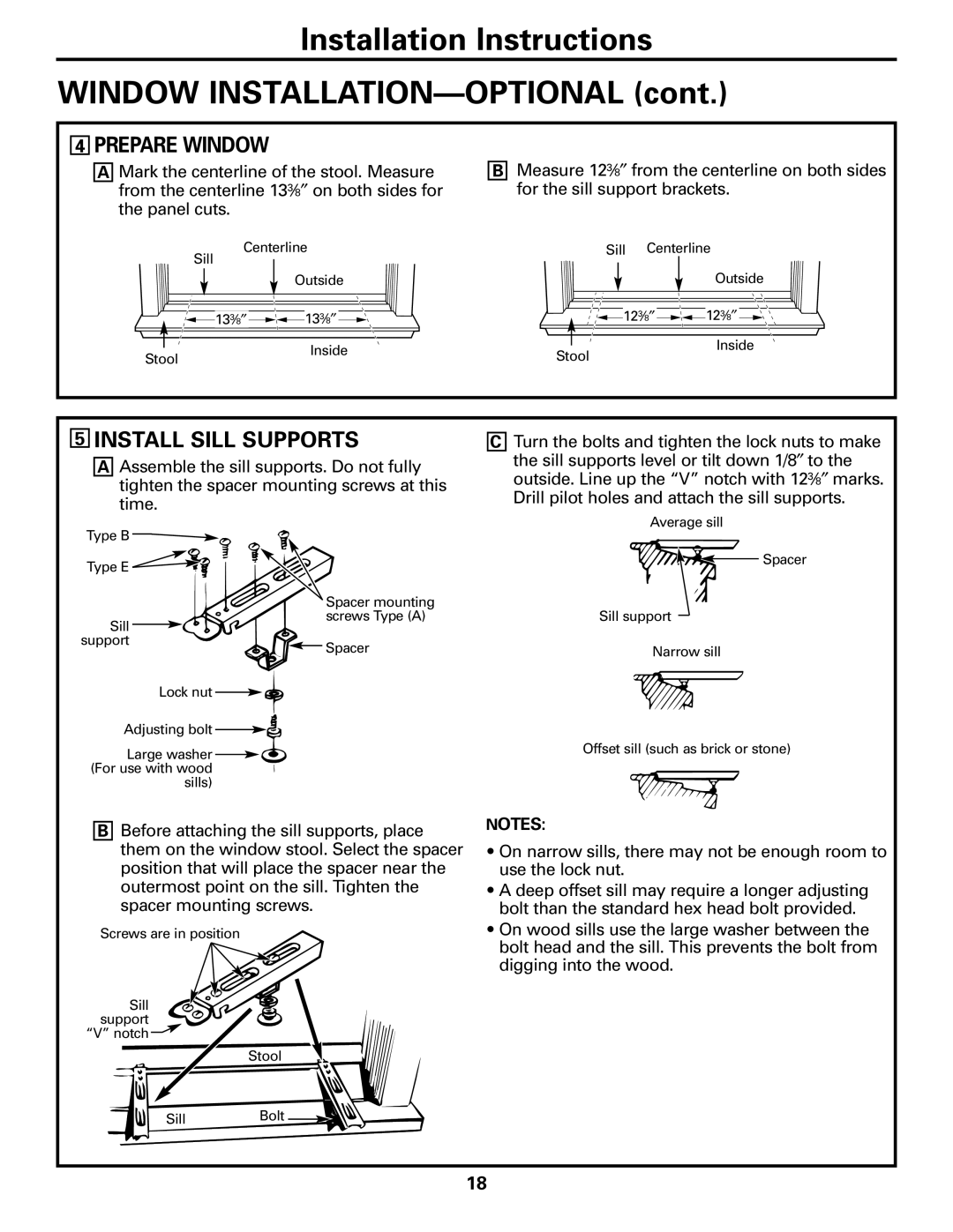 GE AJHS10DCC installation instructions Prepare Window, Install Sill Supports 