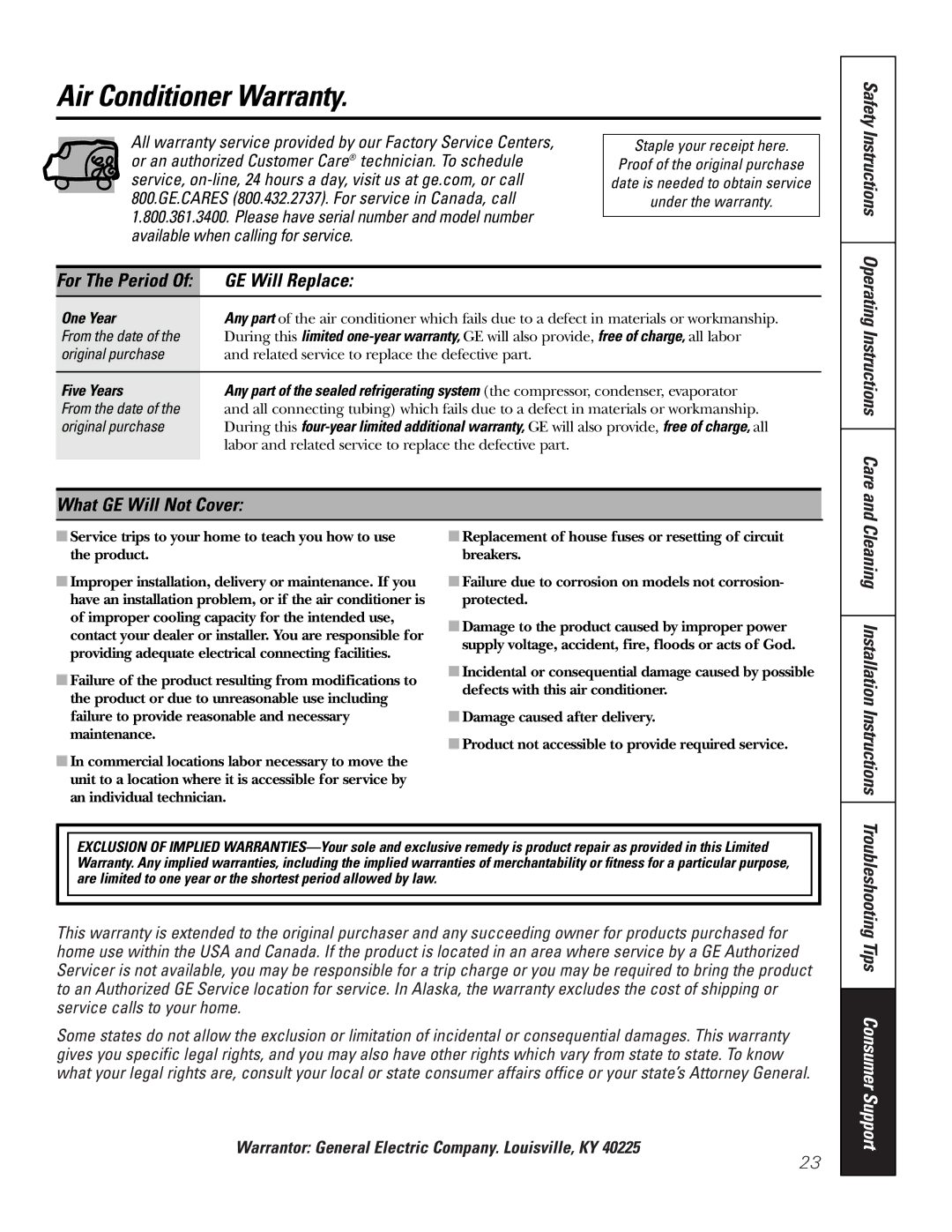 GE AJHS10DCC installation instructions Air Conditioner Warranty, GE Will Replace, What GE Will Not Cover 