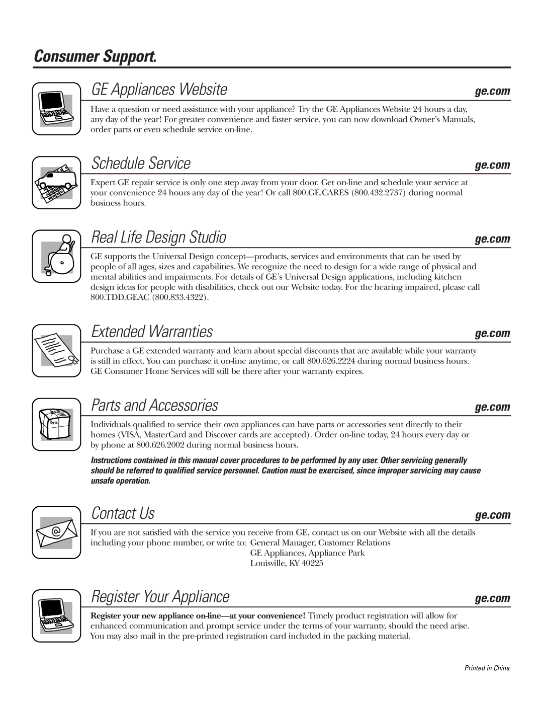 GE AJHS10DCC Consumer Support GE Appliances Website, Schedule Service, Real Life Design Studio, Extended Warranties 