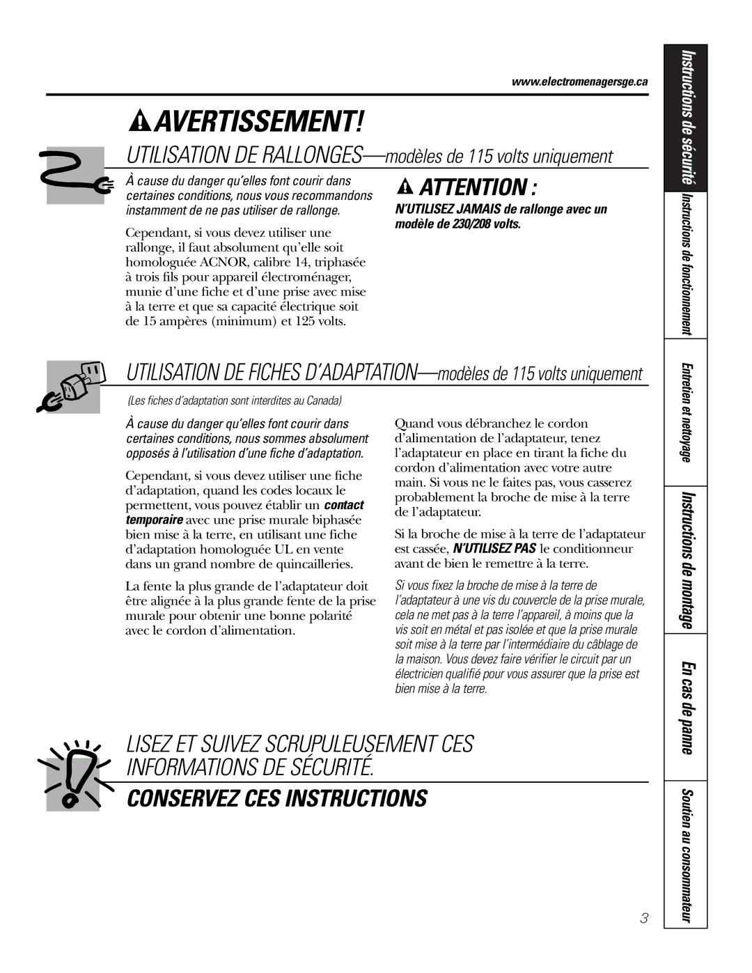 GE AJHS10DCC installation instructions Avertissement, Et nettoyage Instructions de montage En cas de 