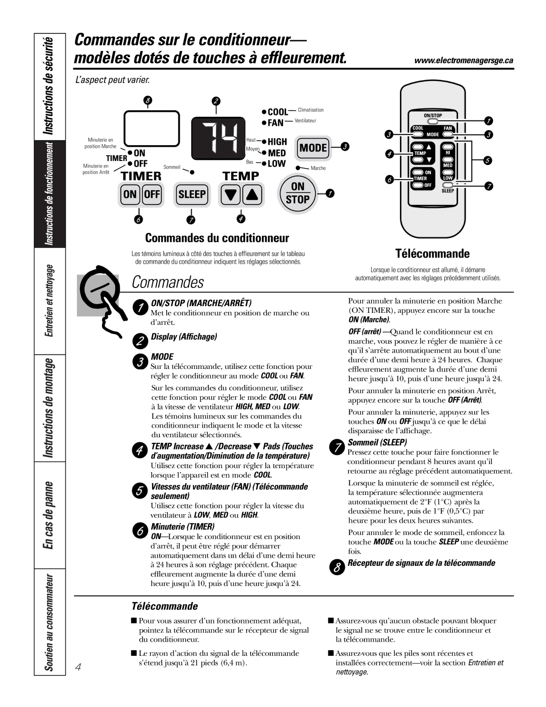 GE AJHS10DCC installation instructions Télécommande 