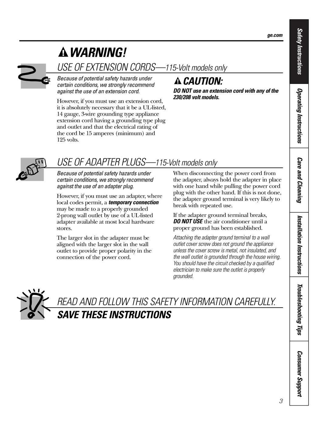 GE AJHS10DCC Operating Instructions, Cleaning Installation Instructions, Troubleshooting Tips Consumer Support, Ge.com 