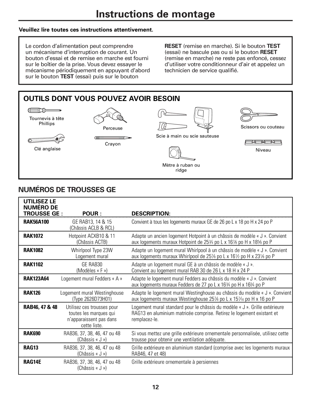 GE AJHS10DCC installation instructions Outils Dont Vous Pouvez Avoir Besoin, Numéros DE Trousses GE 