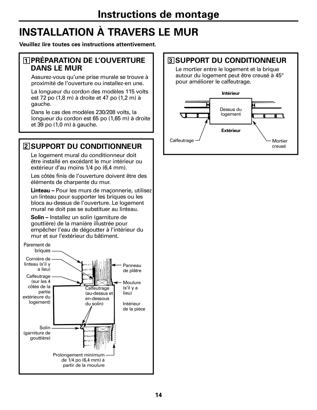 GE AJHS10DCC Installation À Travers LE MUR, Préparation DE L’OUVERTURE Dans LE MUR, Support DU Conditionneur 