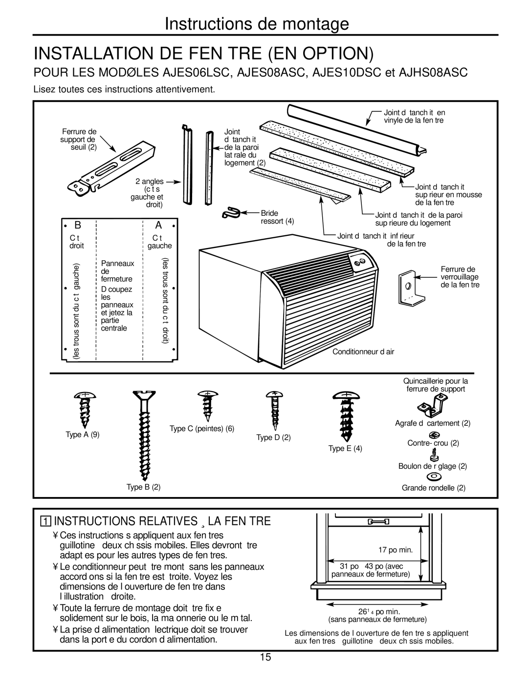 GE AJHS10DCC installation instructions Installation DE Fenêtre EN Option, Instructions Relatives À LA Fenêtre 