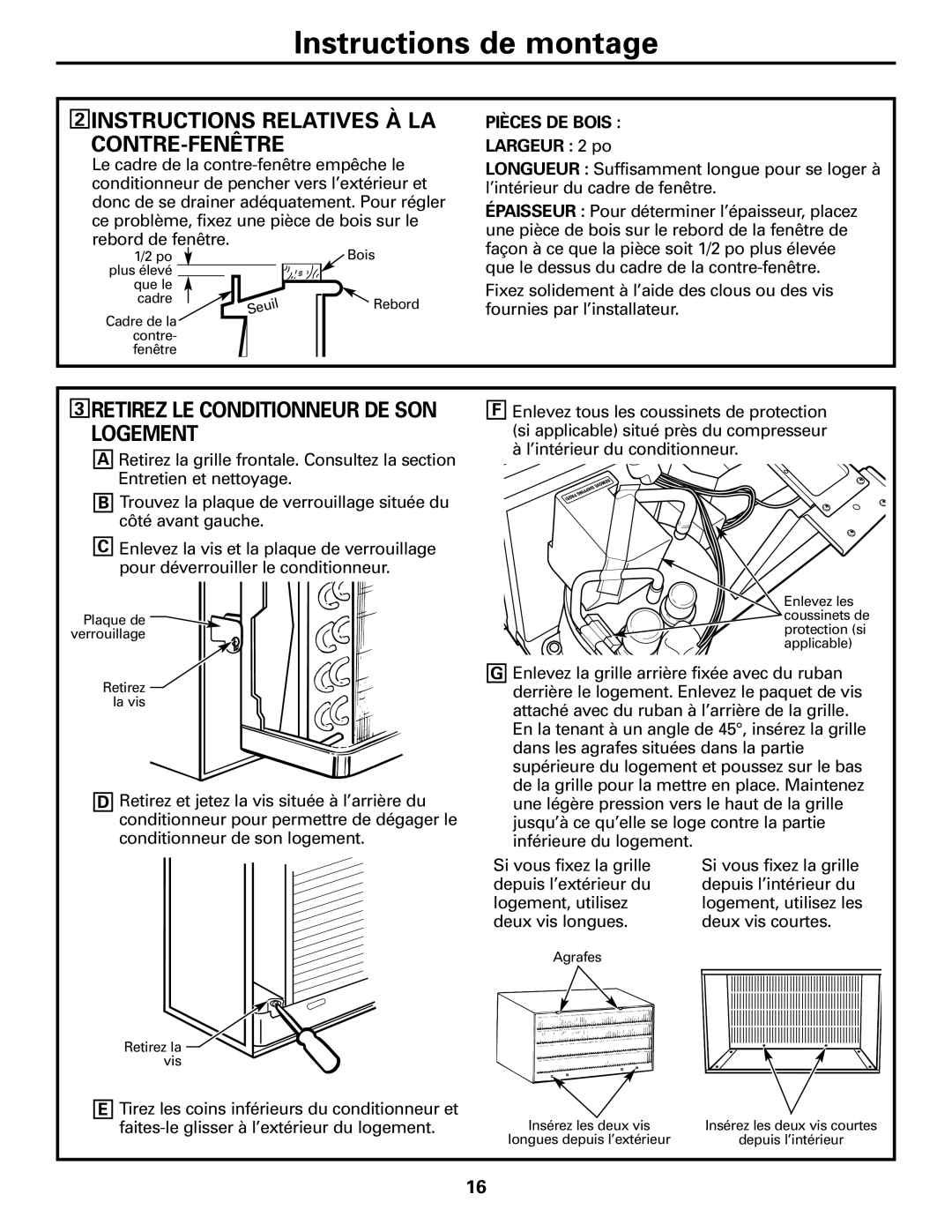 GE AJHS10DCC installation instructions Instructions Relatives À LA CONTRE-FENÊTRE, Retirez LE Conditionneur DE SON Logement 