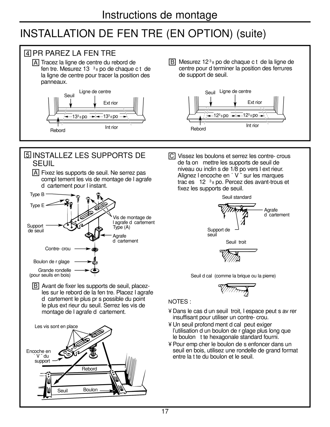 GE AJHS10DCC installation instructions Préparez LA Fenêtre, Installez LES Supports DE Seuil 