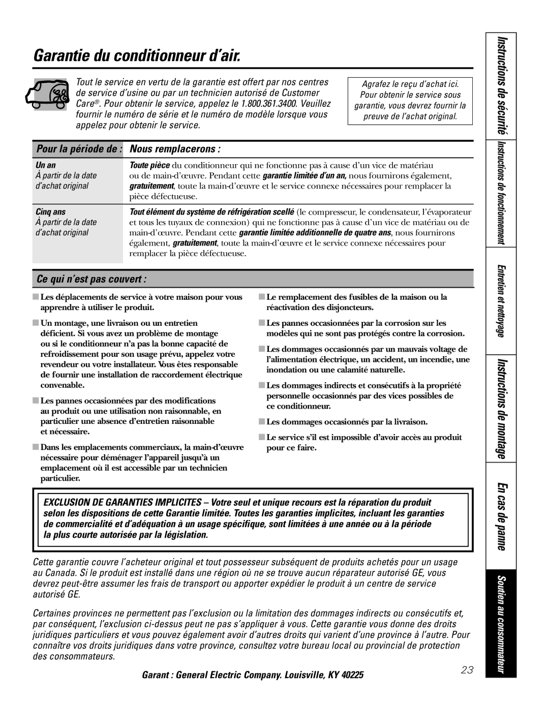 GE AJHS10DCC installation instructions Garantie du conditionneur d’air, Nous remplacerons, Ce qui n’est pas couvert 