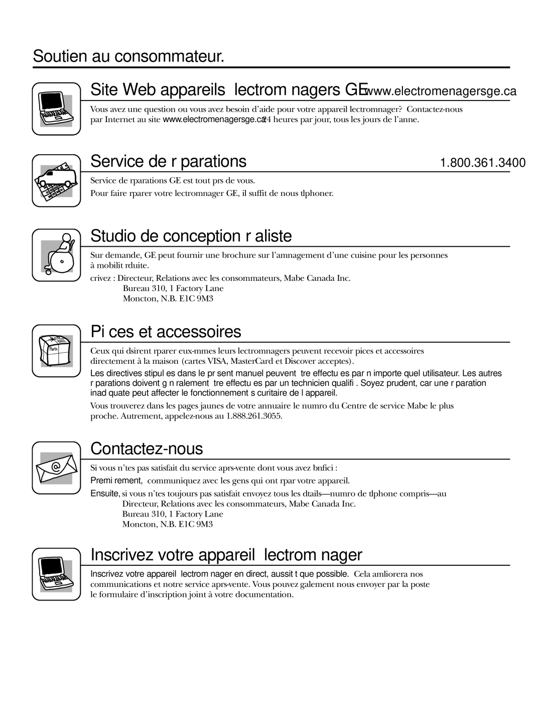 GE AJHS10DCC installation instructions Soutien au consommateur, Service de réparations 