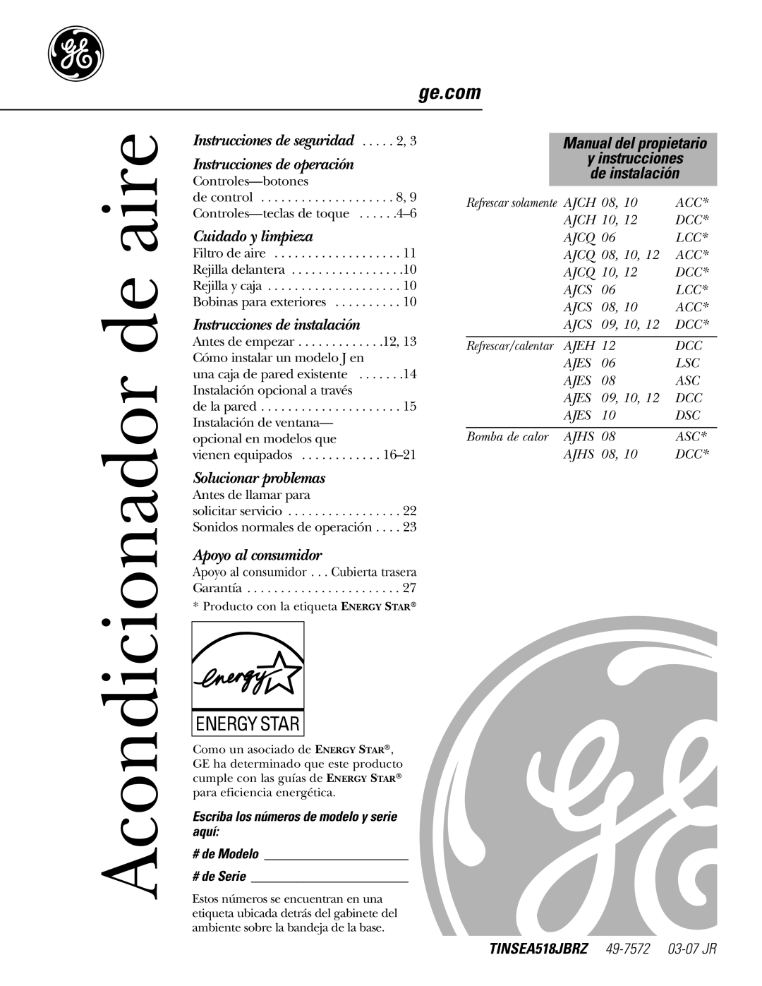 GE AJHS10DCC installation instructions Acondicionador de aire 