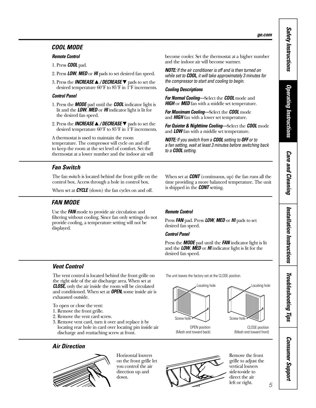 GE AJHS10DCC Safety, Fan Switch, Vent Control, Troubleshooting Tips Air Direction, Consumer Support 