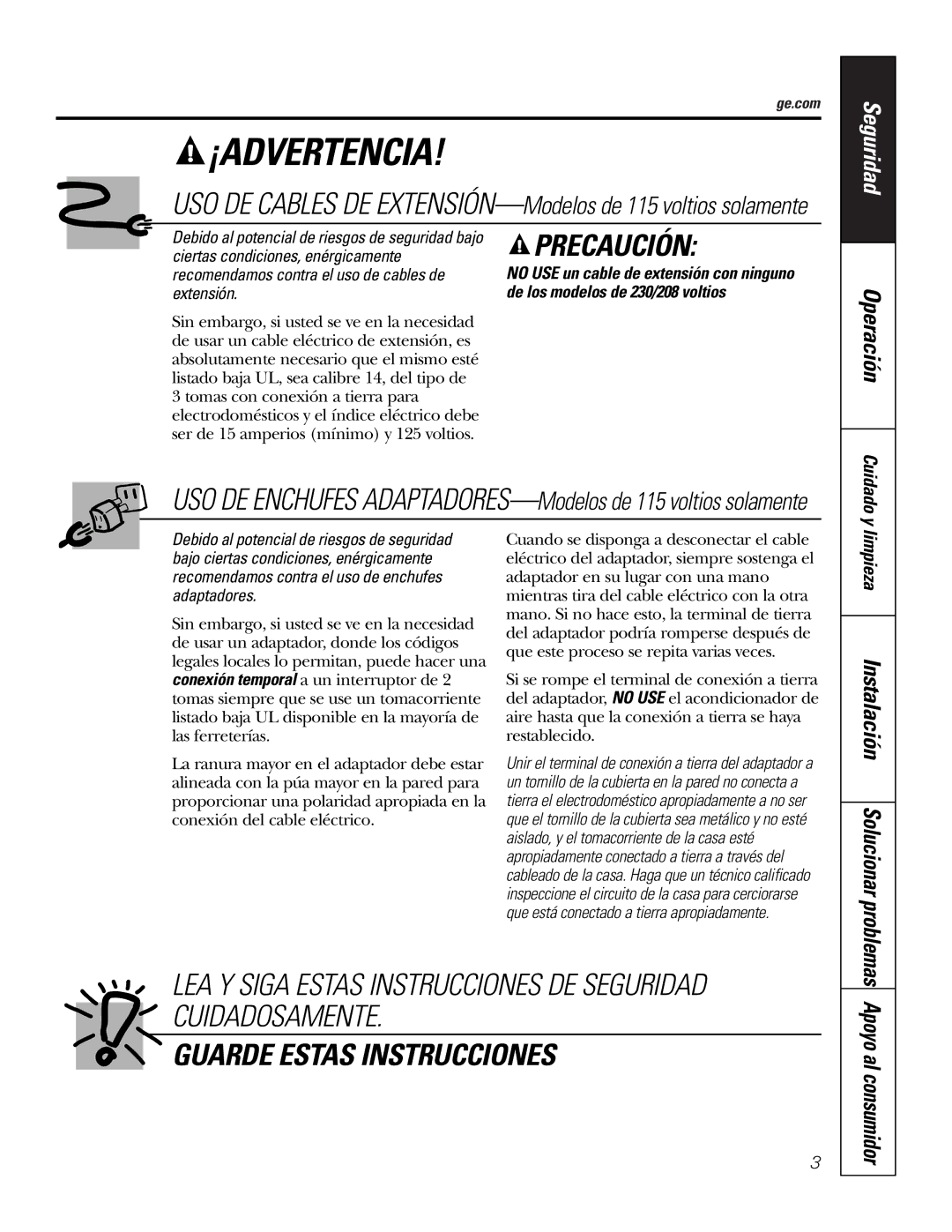 GE AJHS10DCC installation instructions ¡Advertencia, Limpieza Instalación Solucionar problemas 